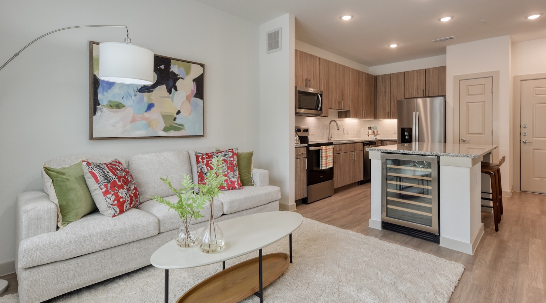 a living room with a couch and coffee table